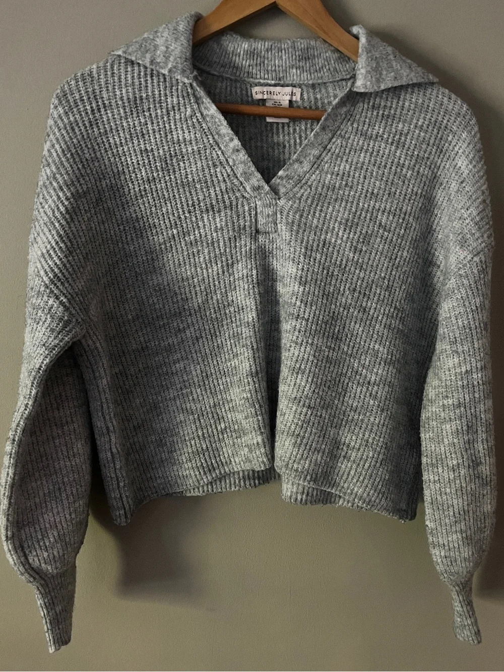 Sincerly Jules Light Gray Ribbed V-Neck Collared Sweater